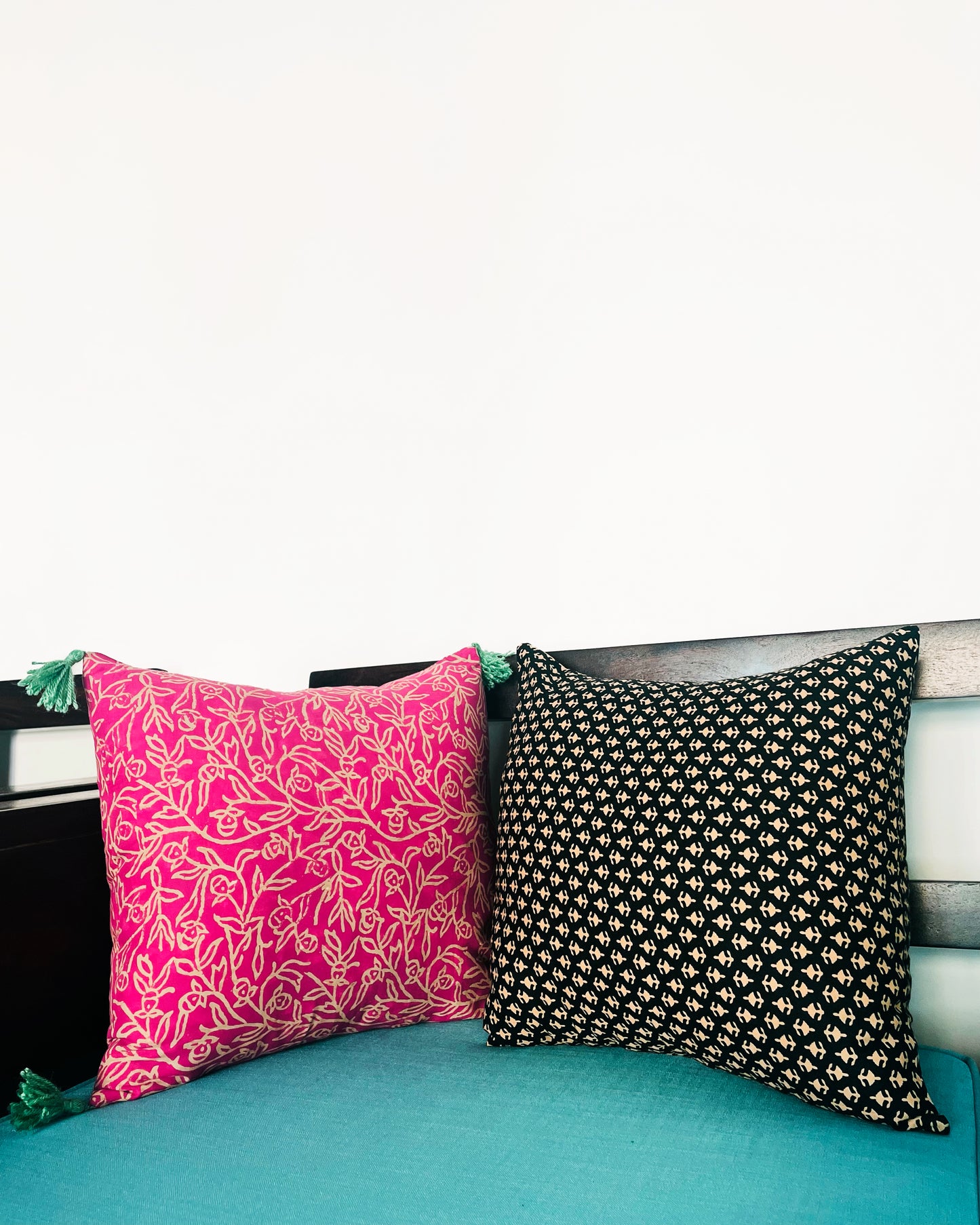 Tropical Tassels & Desert Sands | Pure Cotton Block Printed Cushion Covers with Tassles | Set of 2