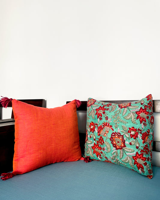 Aqua Reef & Tangerine | Pure Cotton Block Printed Cushion Covers with Multicolor Tassles | Set of 2