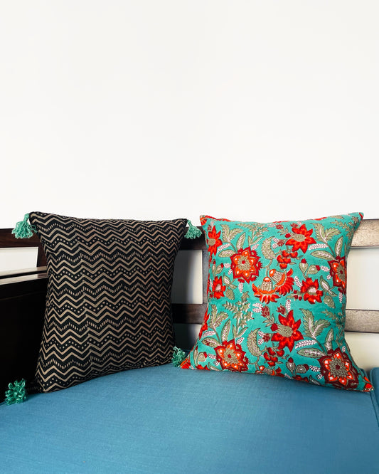 Ebony & Jade | Pure Cotton Block Printed Cushion Covers with Tassles | Set of 2