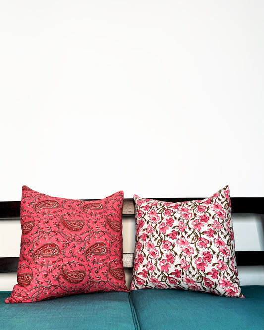 Pink Paisley & Sanganeri White Florals | Pure Cotton Block Printed Cushion Covers | Set of 2