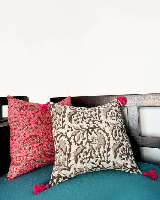 Kantha Paisley Fusion | Pure Cotton Block Printed Cushion Covers with Kantha work & tassles | Set of 2