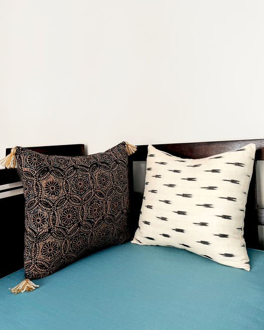 Ikkat Meets Ajrakh | Pure Cotton Block Printed Cushion Covers with multicolor tassles | Set of 2