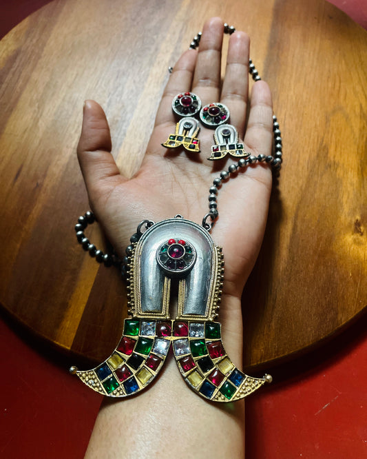 Navaratna Puli Nagam | Antique Dual-Tone Designer Haram Set