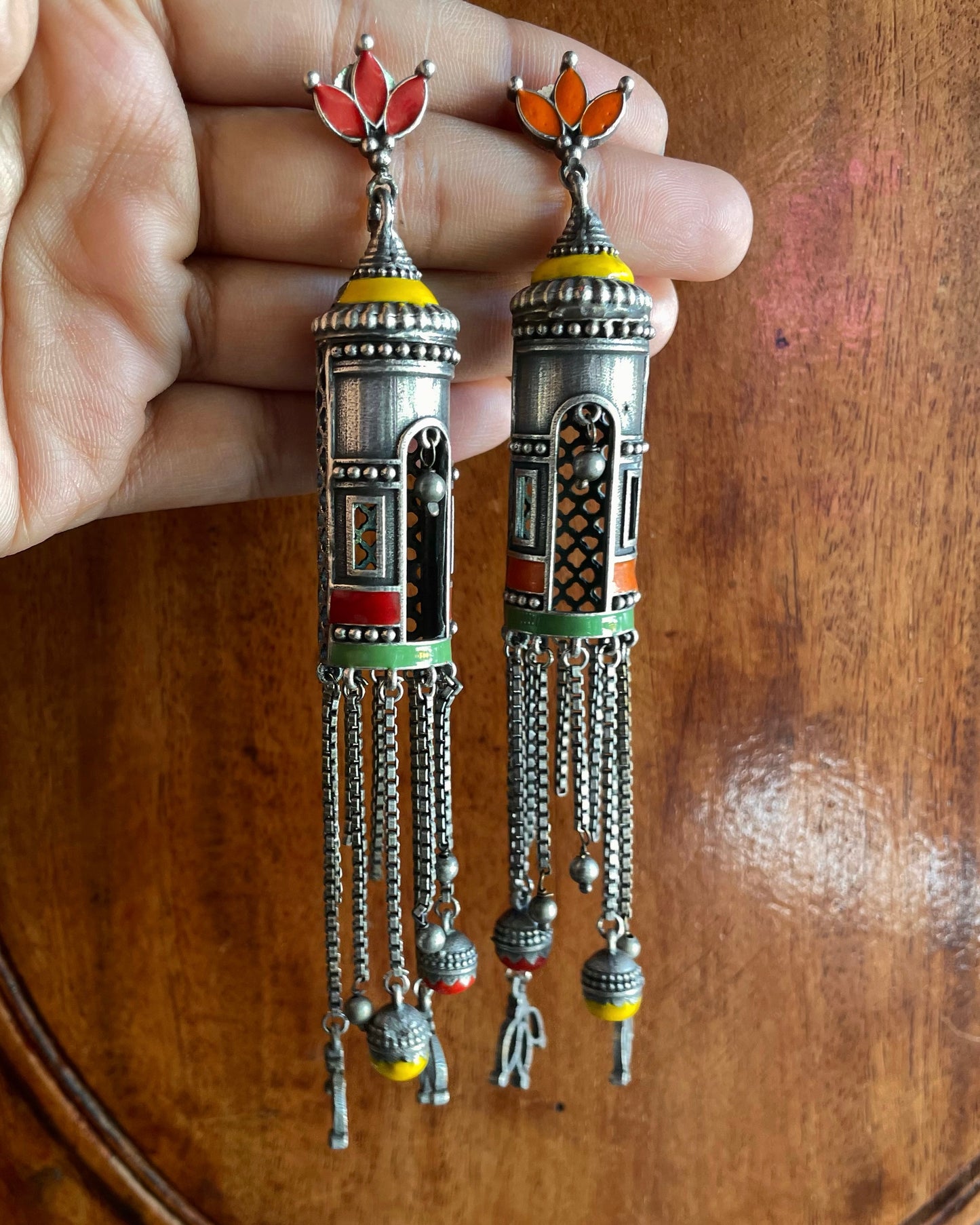 Jharokha Baali | Silver-Plated Meenakari Statement Drops