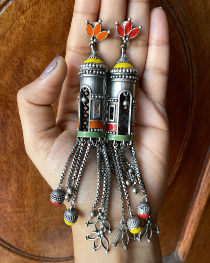 Jharokha Baali | Silver-Plated Meenakari Statement Drops