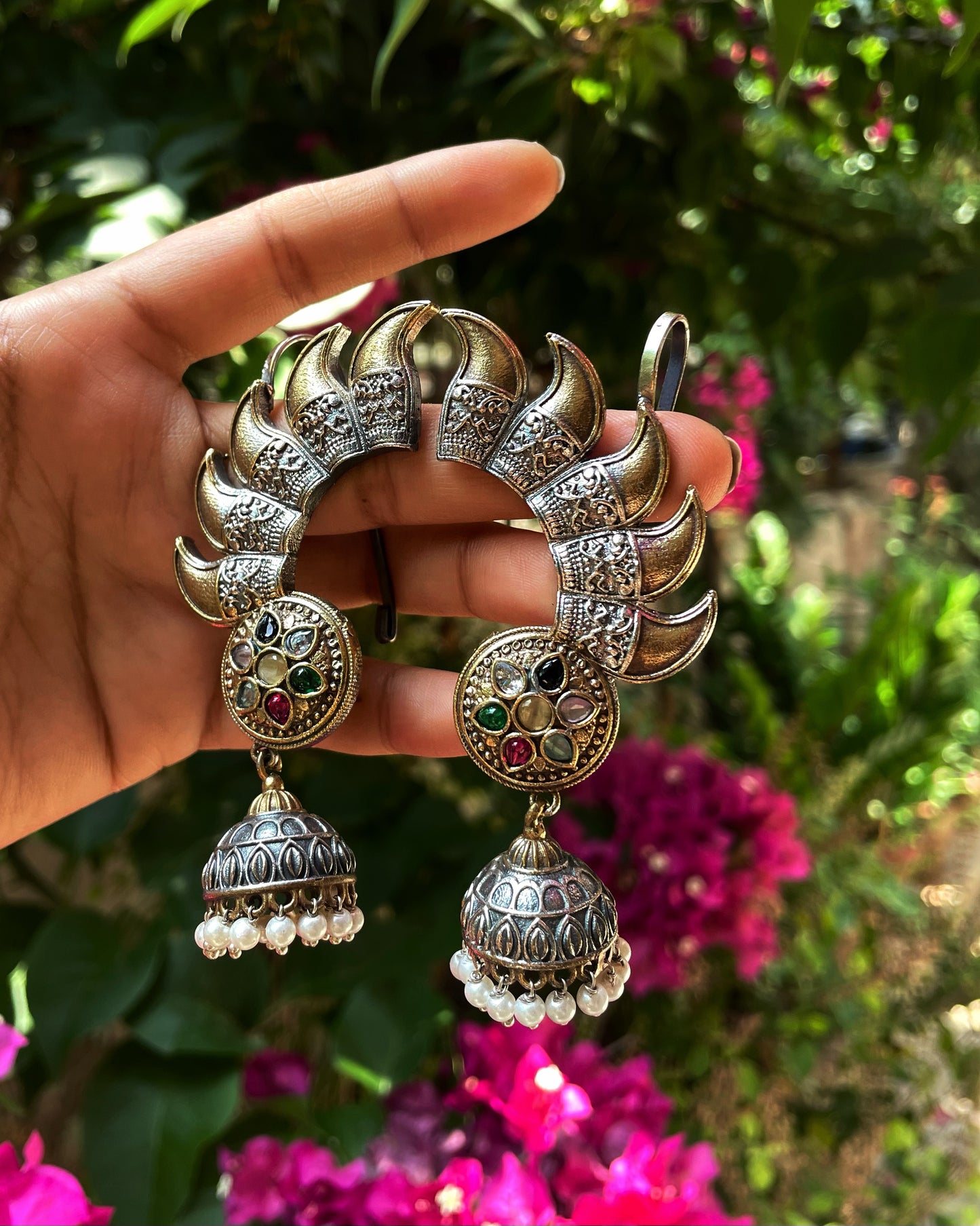 PuliNaga | Dual Tone Jhumki Earcuffs by the कारीगर | Silver Plated