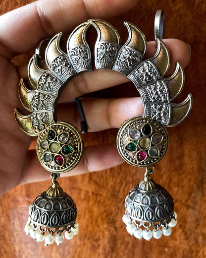 PuliNaga | Dual Tone Jhumki Earcuffs by the कारीगर | Silver Plated