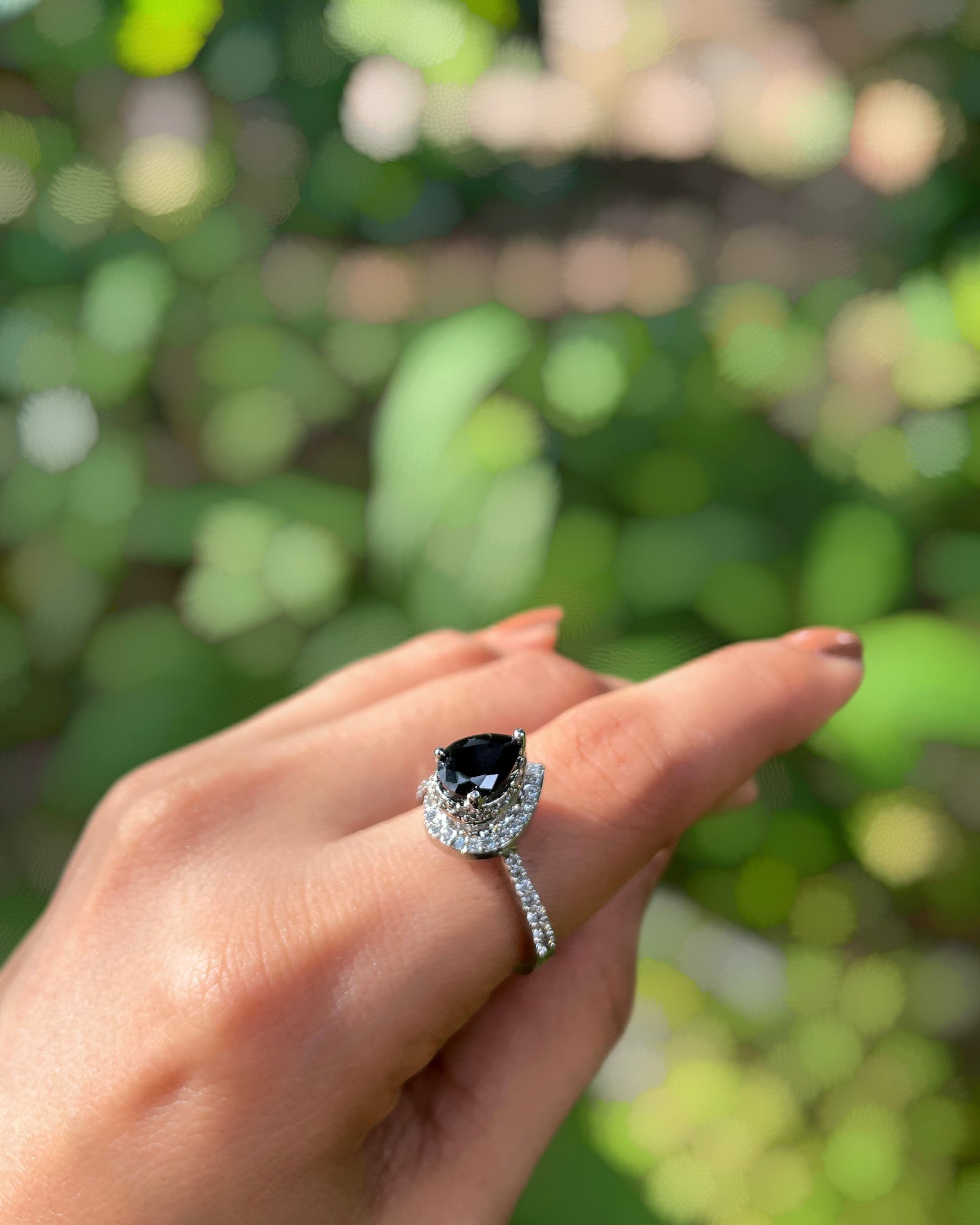 Aurora Noir | Signature Teardrop American Diamond Ring in Rhodium Plating