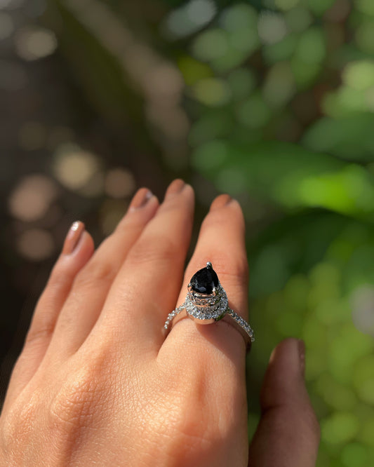 Aurora Noir | Signature Teardrop American Diamond Ring in Rhodium Plating