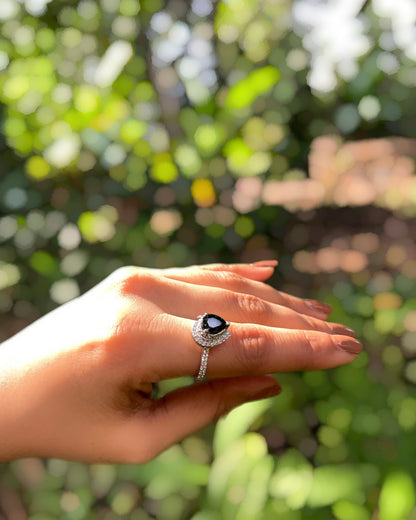 Aurora Noir | Signature Teardrop American Diamond Ring in Rhodium Plating