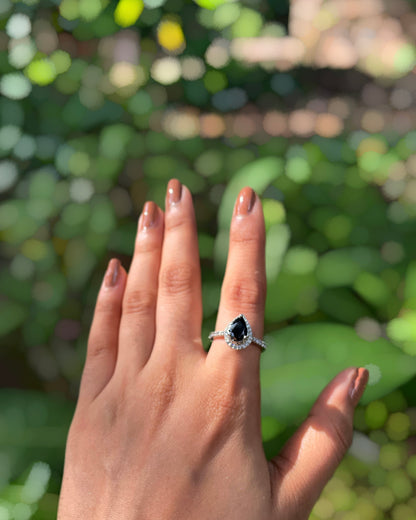 Aurora Noir | Signature Teardrop American Diamond Ring in Rhodium Plating