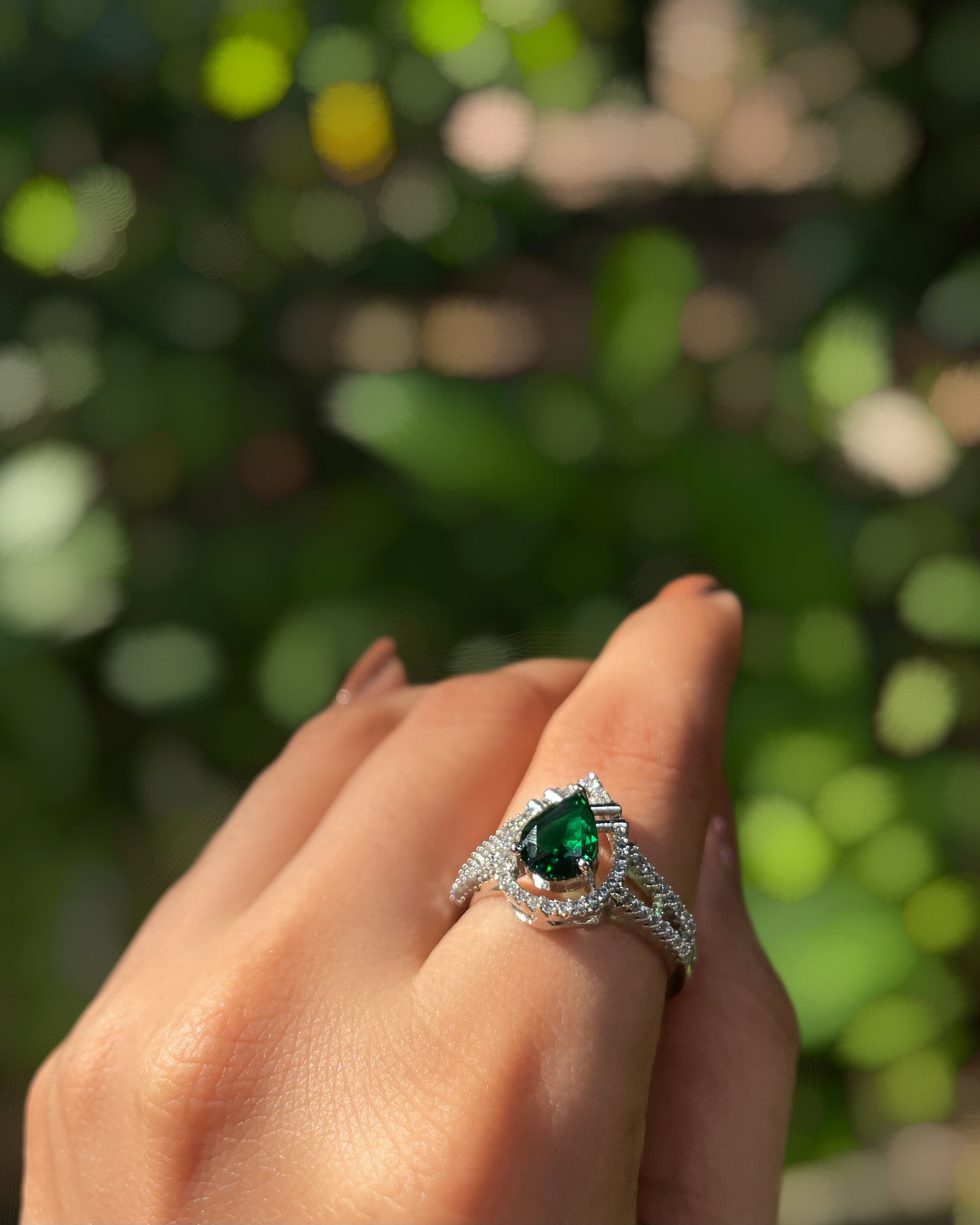 Forest Glow | Signature Teardrop American Diamond Ring in Rhodium Plating