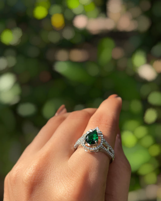 Forest Glow | Signature Teardrop American Diamond Ring in Rhodium Plating