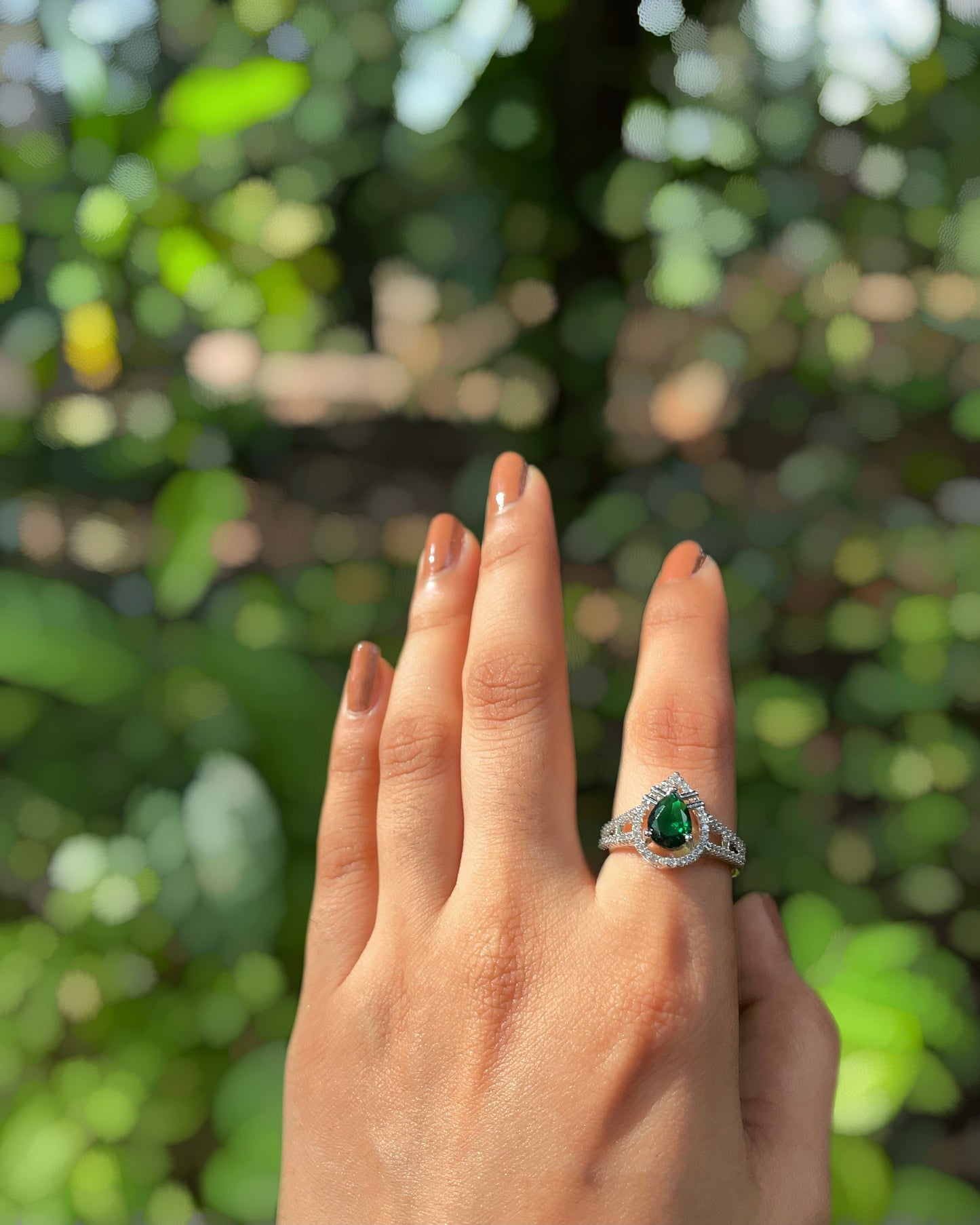 Forest Glow | Signature Teardrop American Diamond Ring in Rhodium Plating