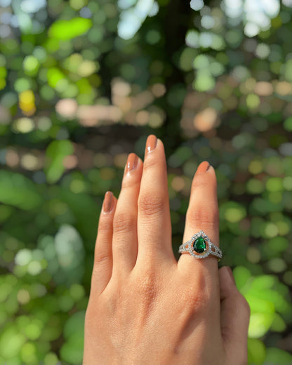 Forest Glow | Signature Teardrop American Diamond Ring in Rhodium Plating