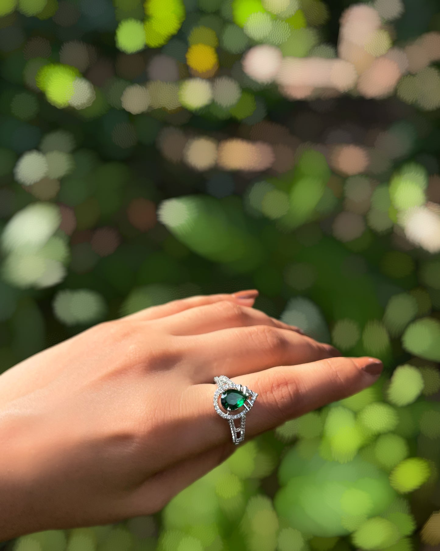 Forest Glow | Signature Teardrop American Diamond Ring in Rhodium Plating