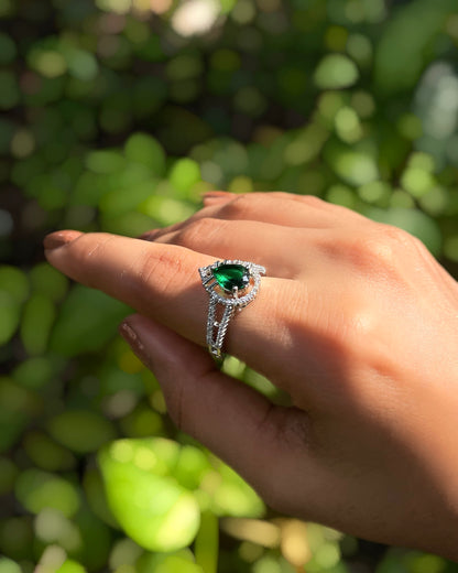 Forest Glow | Signature Teardrop American Diamond Ring in Rhodium Plating