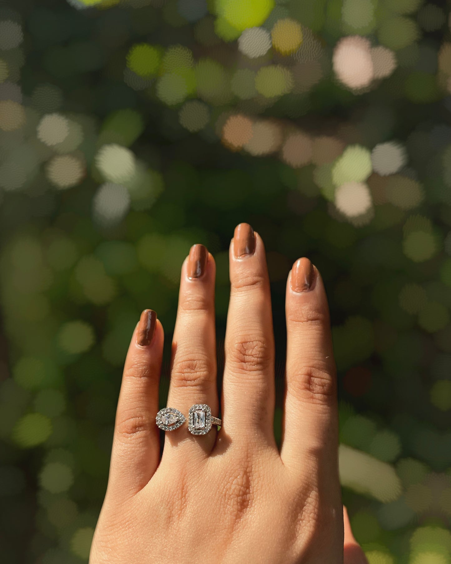 Aurique | A sophisticated two-stone American Diamond ring with a teardrop & rectangle in Rhodium Plating