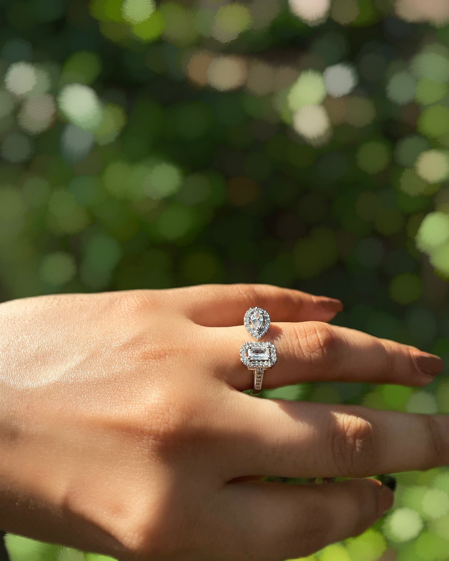 Aurique | A sophisticated two-stone American Diamond ring with a teardrop & rectangle in Rhodium Plating