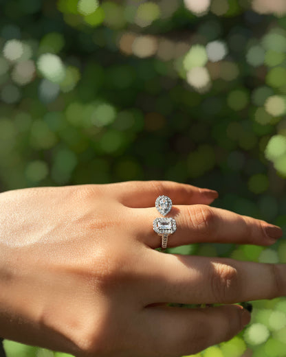 Aurique | A sophisticated two-stone American Diamond ring with a teardrop & rectangle in Rhodium Plating