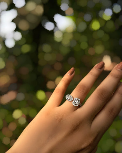 Aurique | A sophisticated two-stone American Diamond ring with a teardrop & rectangle in Rhodium Plating