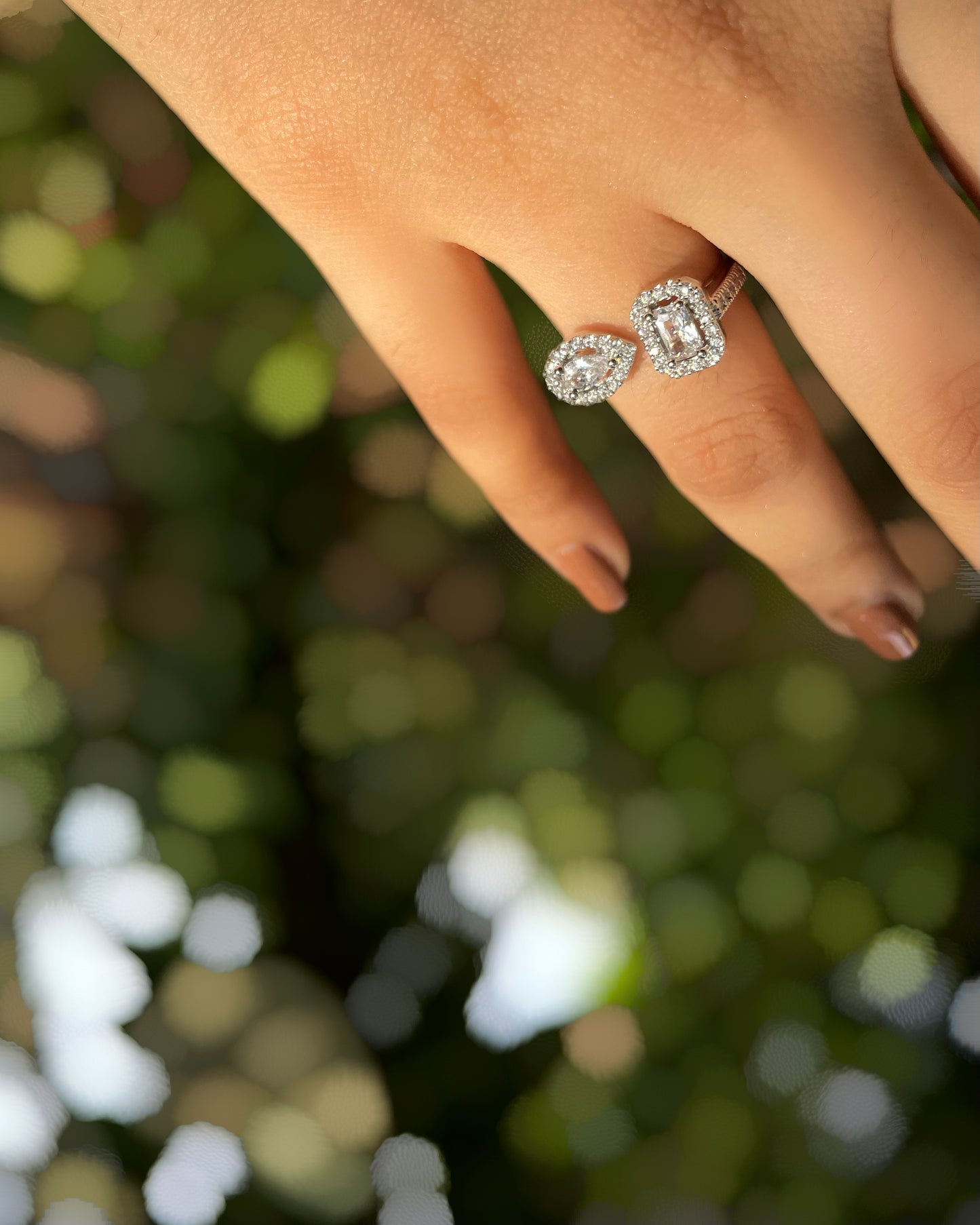 Aurique | A sophisticated two-stone American Diamond ring with a teardrop & rectangle in Rhodium Plating