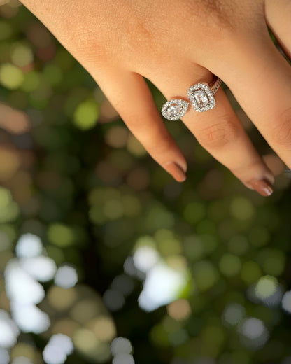 Aurique | A sophisticated two-stone American Diamond ring with a teardrop & rectangle in Rhodium Plating