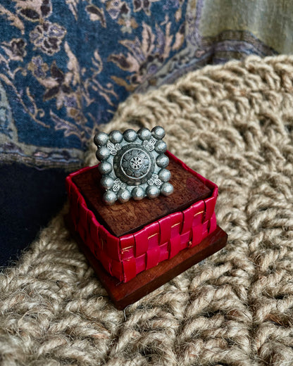 Mughal Meher -  Silver Plated Oxidised Square Ring