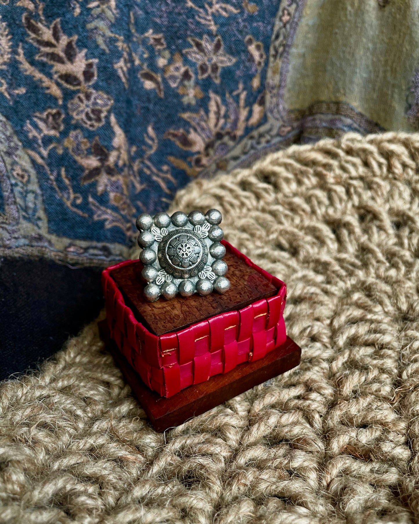 Mughal Meher -  Silver Plated Oxidised Square Ring