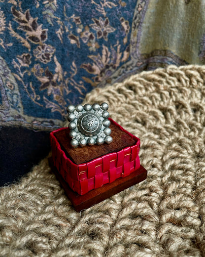 Mughal Meher -  Silver Plated Oxidised Square Ring