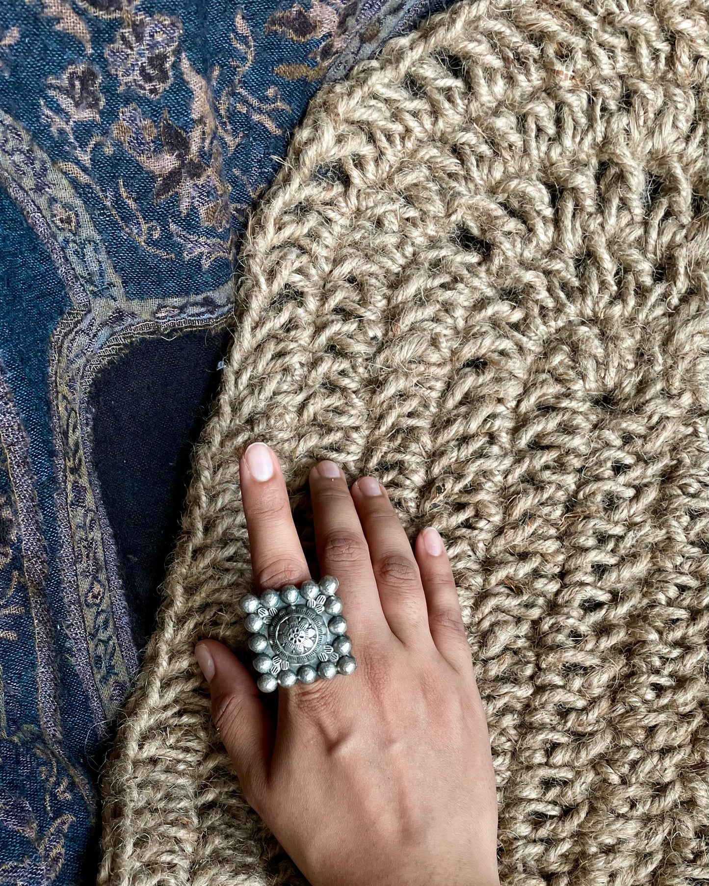 Mughal Meher -  Silver Plated Oxidised Square Ring