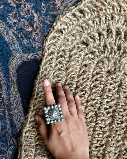 Mughal Meher -  Silver Plated Oxidised Square Ring