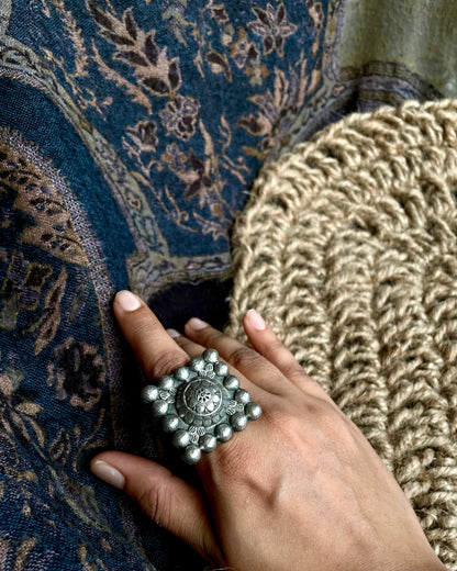 Mughal Meher -  Silver Plated Oxidised Square Ring