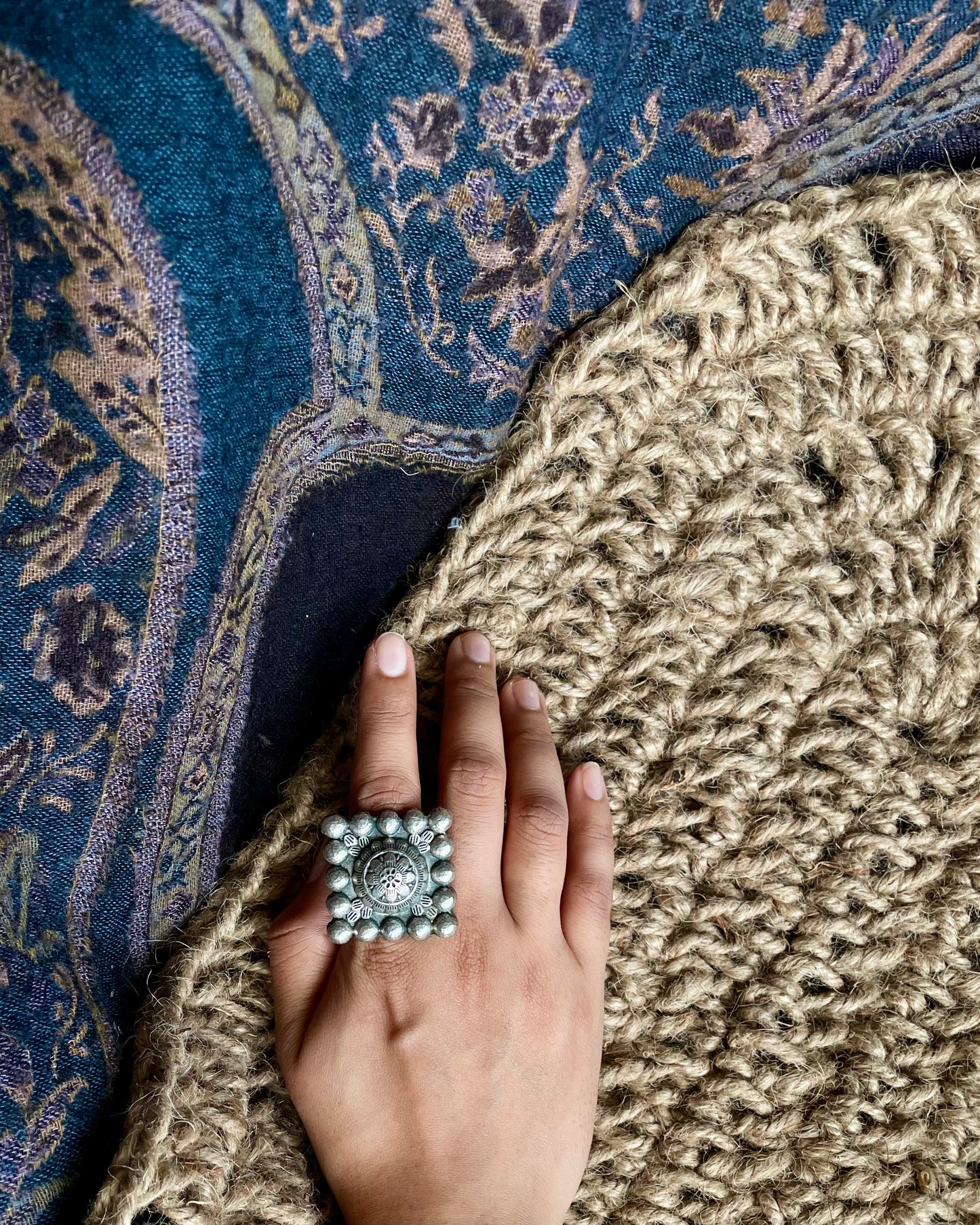 Mughal Meher -  Silver Plated Oxidised Square Ring