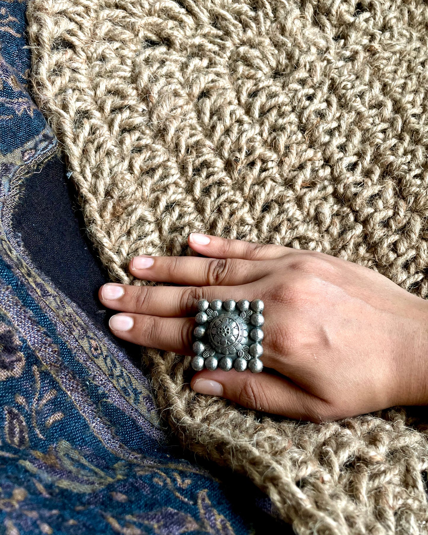 Mughal Meher -  Silver Plated Oxidised Square Ring