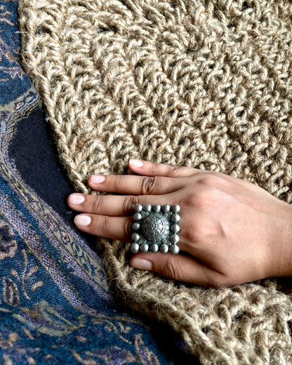 Mughal Meher -  Silver Plated Oxidised Square Ring