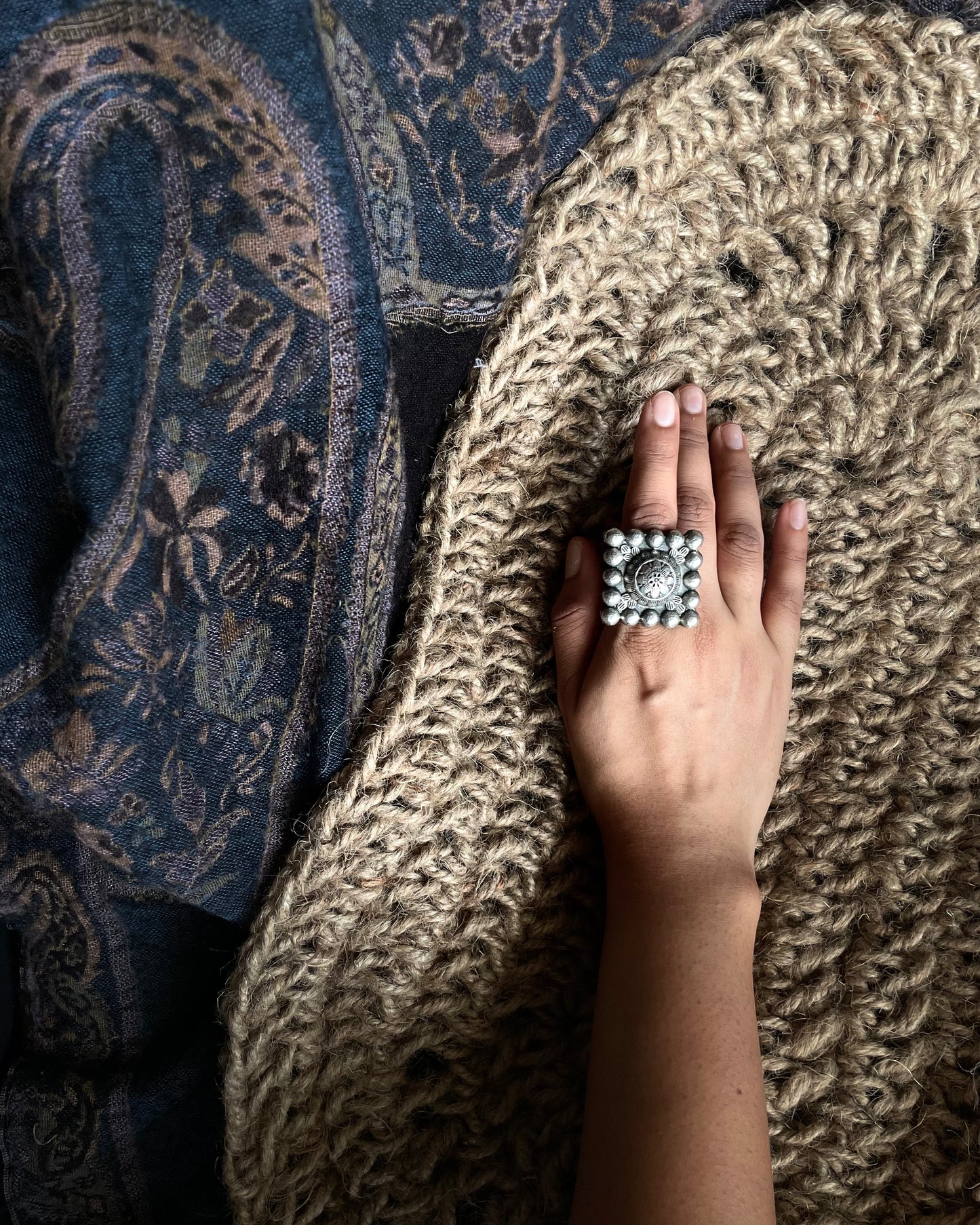 Mughal Meher -  Silver Plated Oxidised Square Ring