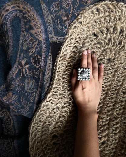 Mughal Meher -  Silver Plated Oxidised Square Ring
