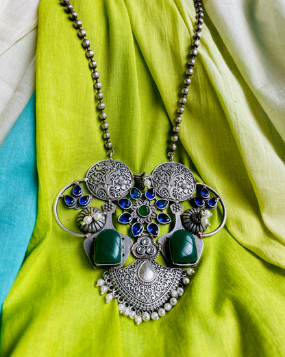 Neeladrikshya | Silver Plated Fusion Handcrafted Statement Necklace