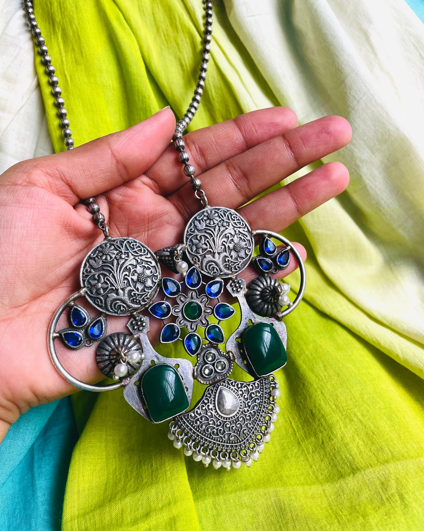 Neeladrikshya | Silver Plated Fusion Handcrafted Statement Necklace