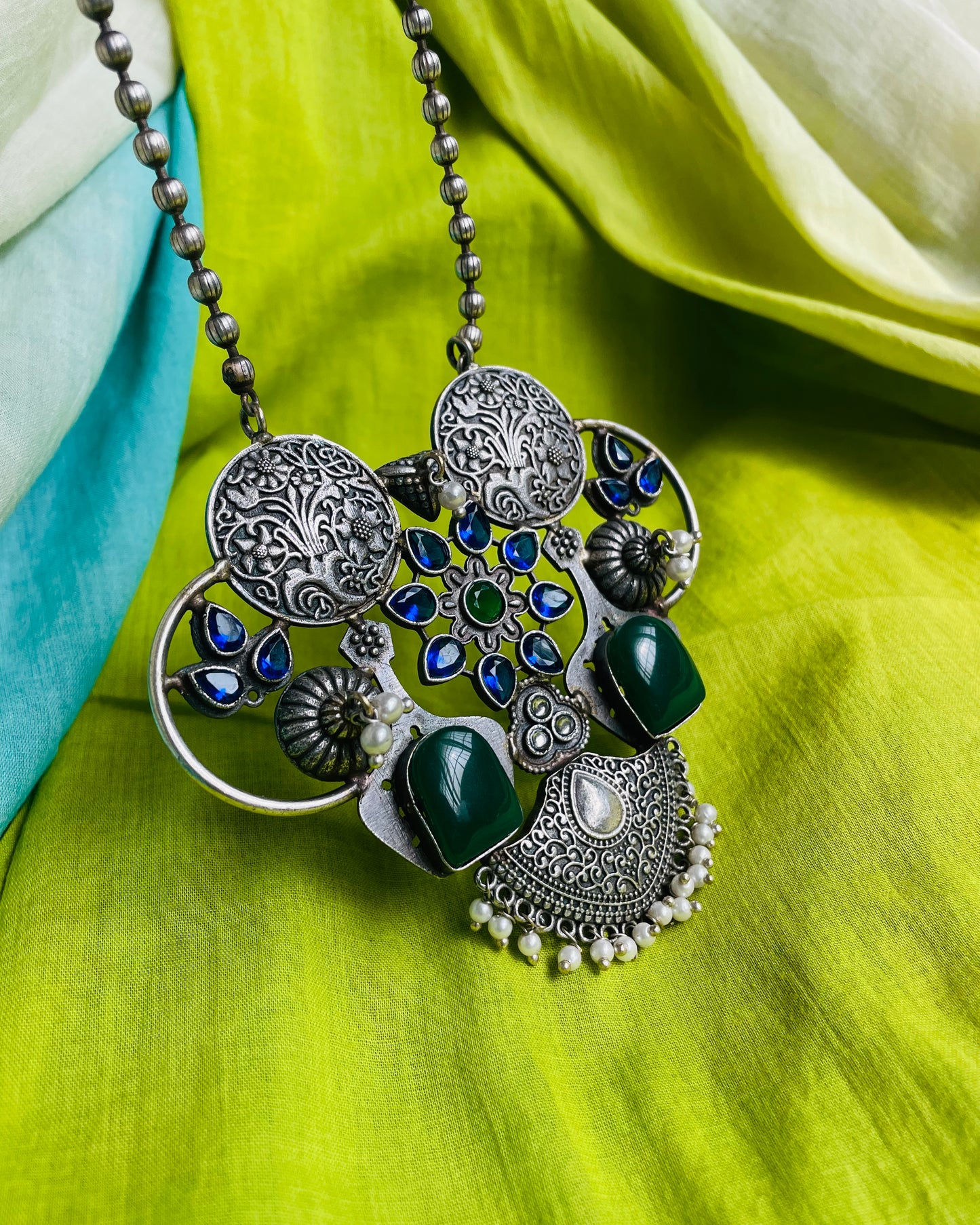 Neeladrikshya | Silver Plated Fusion Handcrafted Statement Necklace