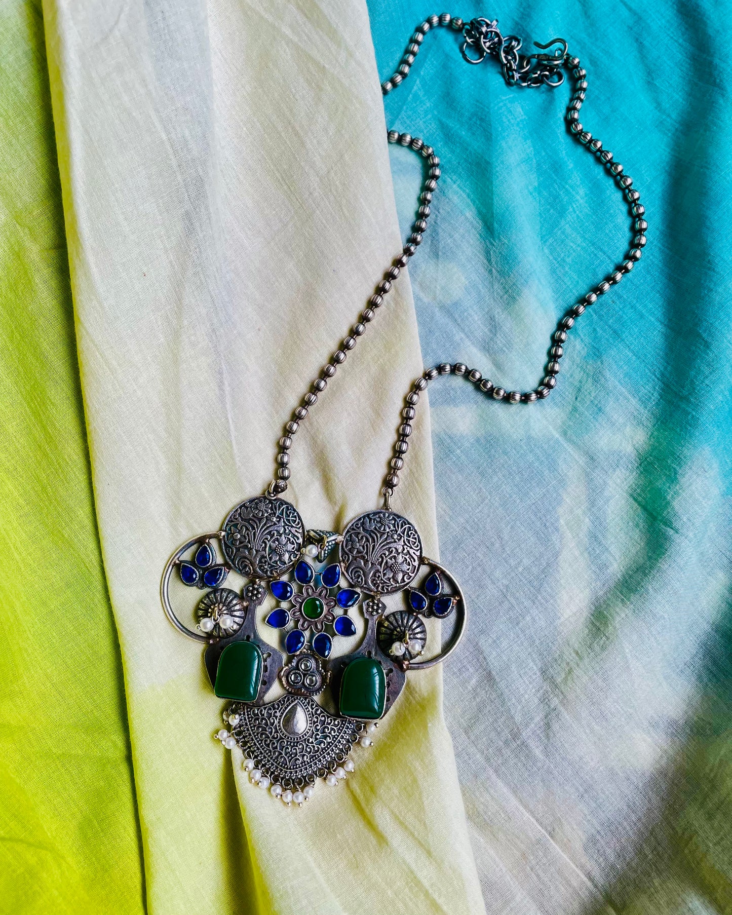 Neeladrikshya | Silver Plated Fusion Handcrafted Statement Necklace