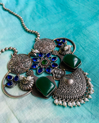 Neeladrikshya | Silver Plated Fusion Handcrafted Statement Necklace