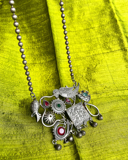 Pakshivana | Silver Plated Fusion Handcrafted Statement Necklace