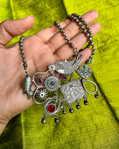 Pakshivana | Silver Plated Fusion Handcrafted Statement Necklace