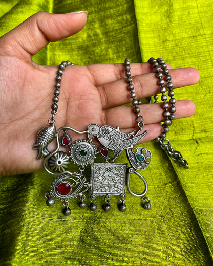 Pakshivana | Silver Plated Fusion Handcrafted Statement Necklace