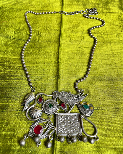 Pakshivana | Silver Plated Fusion Handcrafted Statement Necklace