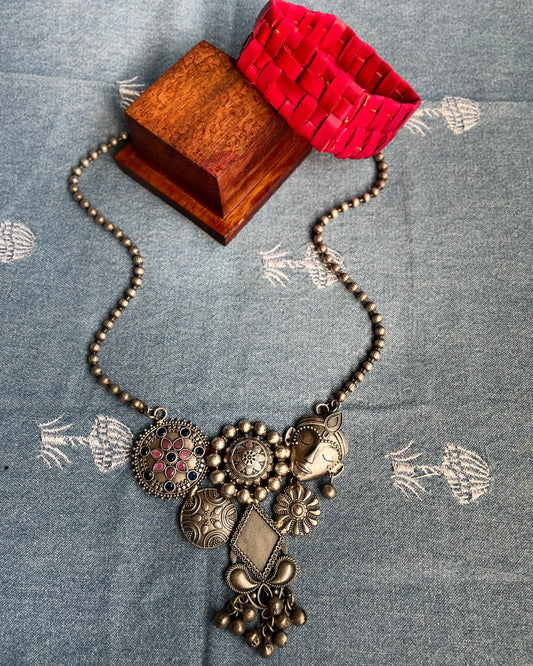 Vrindavan | Silver Plated Fusion Handcrafted Statement Necklace