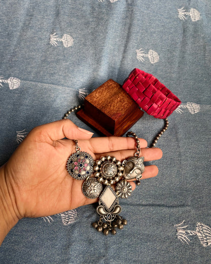 Vrindavan | Silver Plated Fusion Handcrafted Statement Necklace