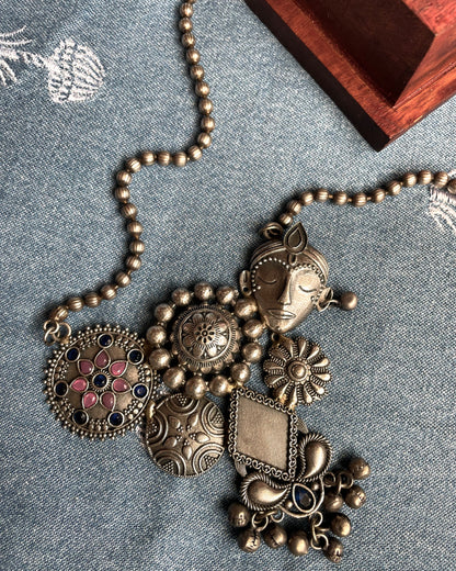 Vrindavan | Silver Plated Fusion Handcrafted Statement Necklace
